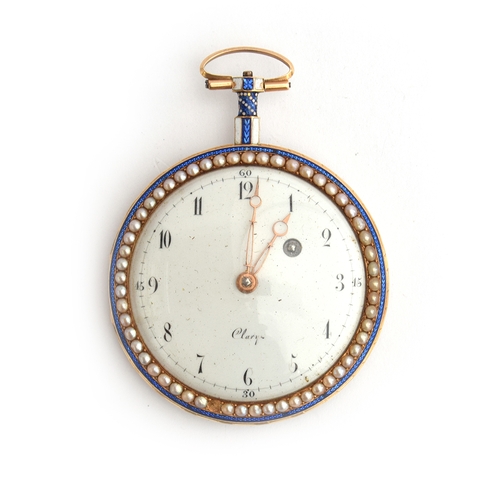 33 - A gold plate, half-pearl and guilloche enamel ladies pocket watch by Clary a Geneve, the white ename... 