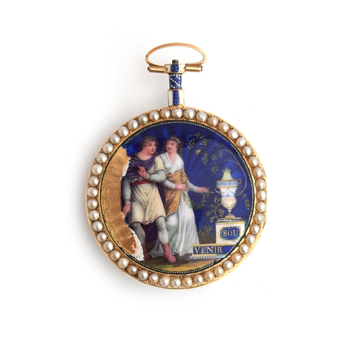 33 - A gold plate, half-pearl and guilloche enamel ladies pocket watch by Clary a Geneve, the white ename... 