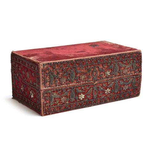 160 - A Persian velvet covered pine box, metal thread decoration in the form of birds amongst foliage, wit... 