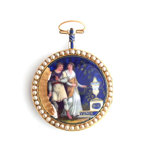 33 - A gold plate, half-pearl and guilloche enamel ladies pocket watch by Clary a Geneve, the white ename... 