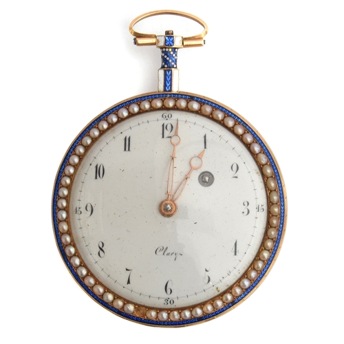 33 - A gold plate, half-pearl and guilloche enamel ladies pocket watch by Clary a Geneve, the white ename... 