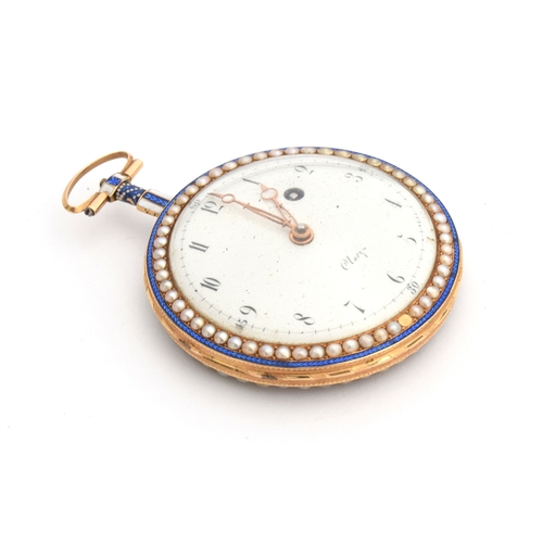 33 - A gold plate, half-pearl and guilloche enamel ladies pocket watch by Clary a Geneve, the white ename... 