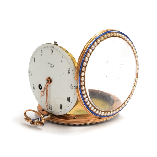 33 - A gold plate, half-pearl and guilloche enamel ladies pocket watch by Clary a Geneve, the white ename... 