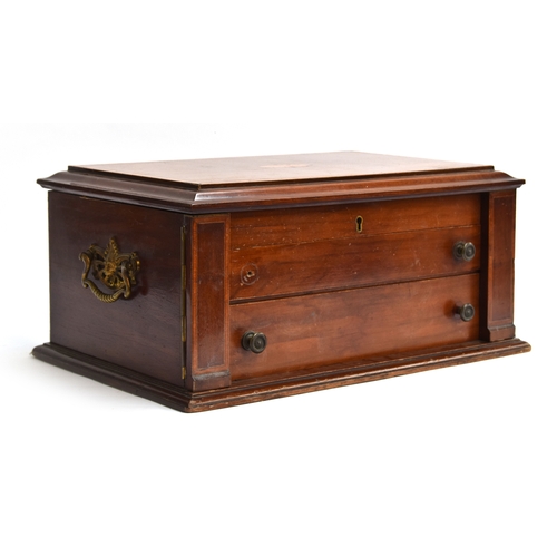 57 - An early 20th century mahogany and marquetry fitted canteen, with hinged lid and two drawers, brass ... 