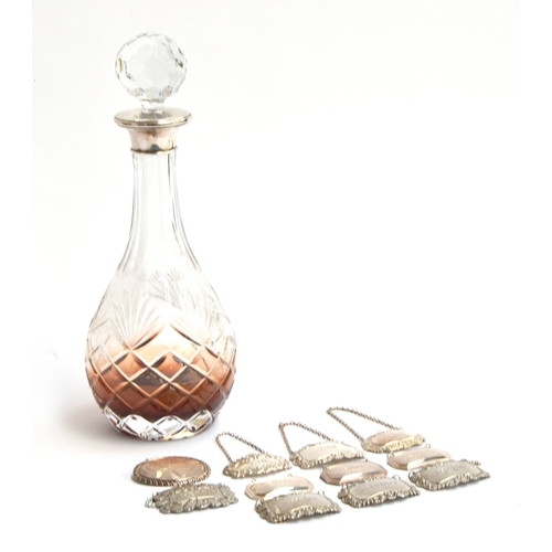 118 - Three modern silver decanter labels, two Gin and one Brandy; together with eight plated decanter lab... 