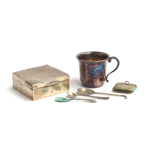 100 - A Danish 925 silver cup, marked W&S Scerensen, 6.3cm high; a silver cigarette box (af); silver spoon... 