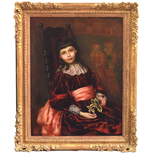 320 - 19th century oil on canvas, girl with holly, three quarter length, 90 x 69cm