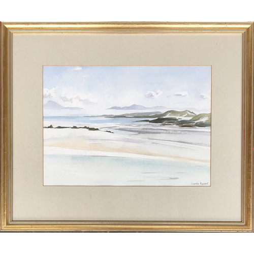 288 - Sarah Bryant, Looking across to Oronsay with Islay behind, watercolour, signed in pencil, 27.5 x 38.... 