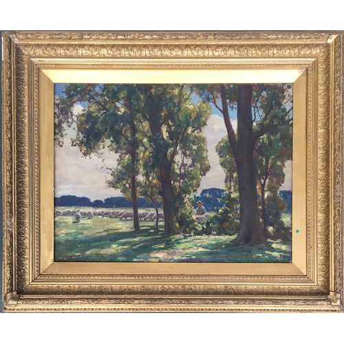 336 - Frank Proschwitzy Freyburg (1862-1939), Sheep grazing pasture with shepherd, oil on canvas, signed l... 