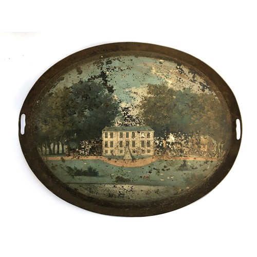 162 - An 18th century painted oval metal tray, depicting an English country house within its grounds