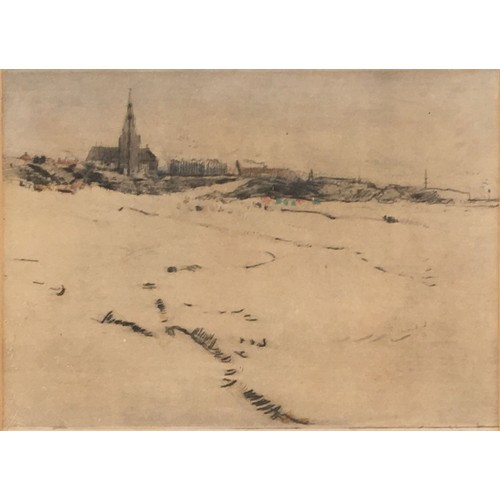 289 - George Edward Horton (1859-1950), 19th century etching heightened in colour depicting Tynemouth Sand... 