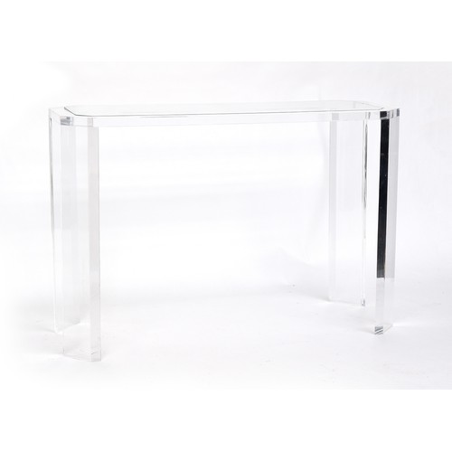 641 - A 1970s Alessandro Fabrizzi lucite contemporary clear acrylic console table with glass inset top, 12... 