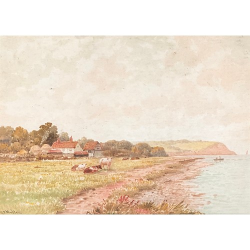 334 - G.S Walters, cows grazing by the sea, watercolour signed in pencil lower left, 24x34cm