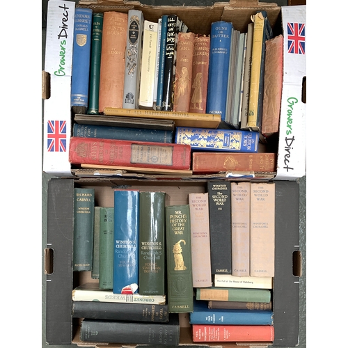 118 - Two boxes of various hardback books, to include Winston Churchill 'The Second World War' etc