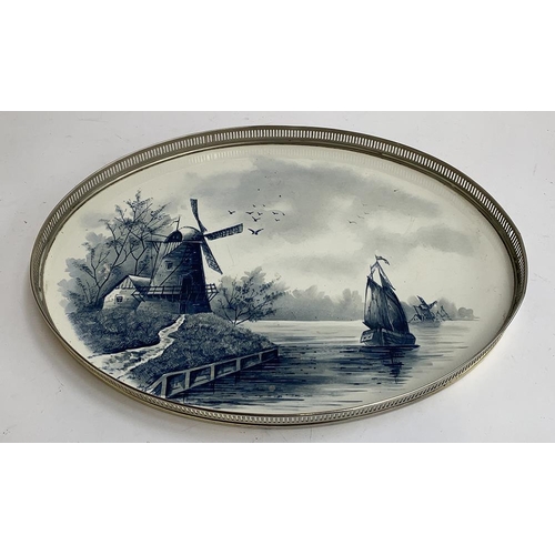 97 - A blue and white ceramic Delft tray with pierced plated gallery, 45.5x35cm