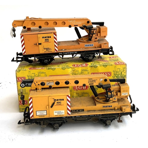 224 - Two Lehmann LGB crane wagons, 4042, one with box