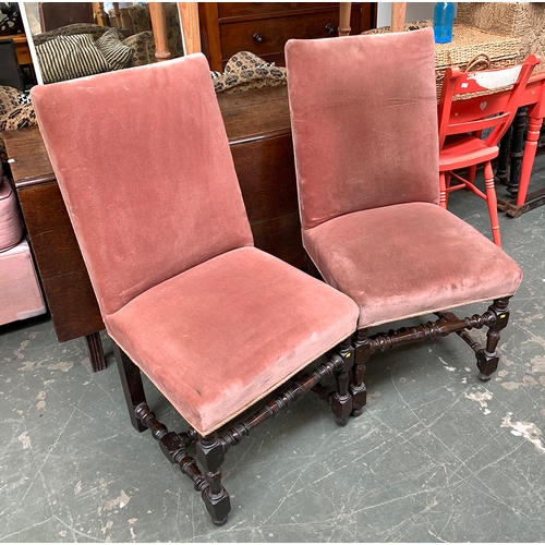 574 - A pair of Victorian upholstered hall chairs, faceted turned supports and stretchers