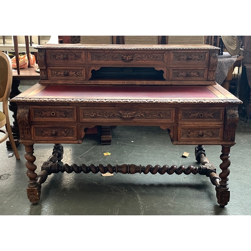 401 - An early 20th century desk, inset top with superstructure having five drawers and a further five bel... 