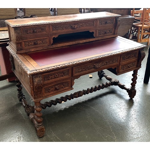 401 - An early 20th century desk, inset top with superstructure having five drawers and a further five bel... 