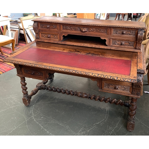 401 - An early 20th century desk, inset top with superstructure having five drawers and a further five bel... 