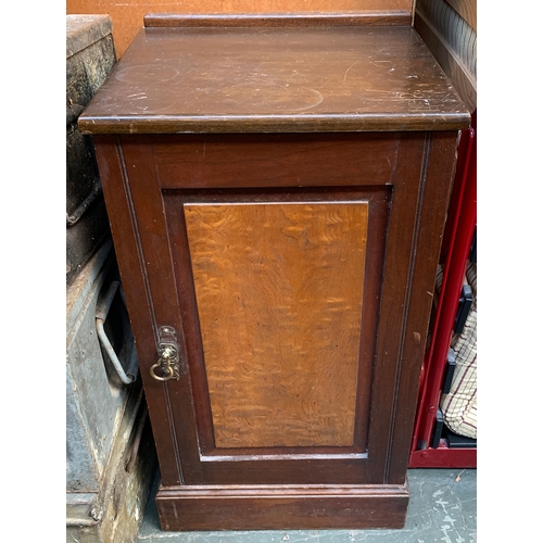 480 - A mahogany pot cupboard with burr walnut panelled front, on plinth base, 40x37x71cmH; together with ... 