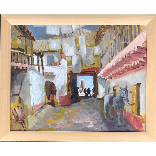 276 - 20th century oil on canvas, donkey on a Spanish street,  35x45cm