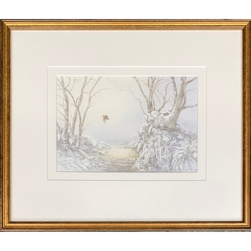 289 - A colour print, winter trees, 27x38cm; together with one other small watercolour depicting a bird in... 