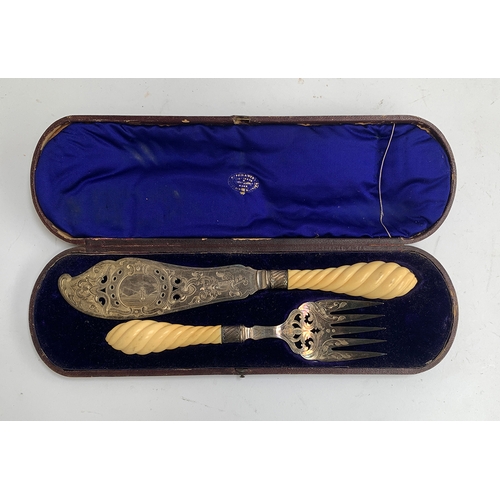 18 - A cased pair of Mappin & Webb plated fish servers with ropetwist ivory handles