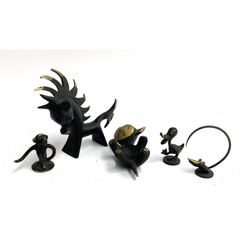 157 - A collection of five Walter Bosse style blackened brass animal figures, to include cat, duck, mouse,... 