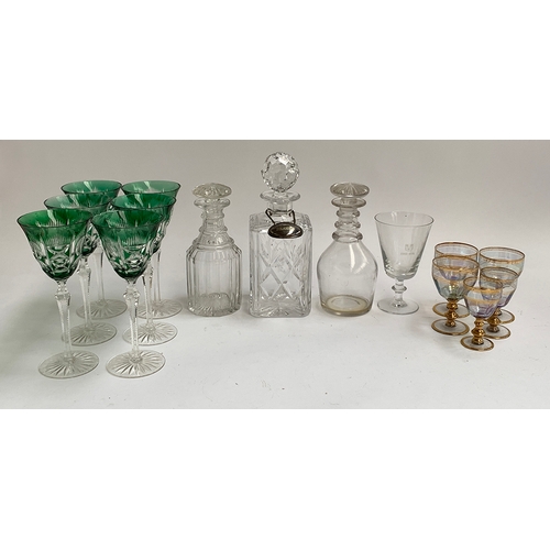 78 - A mixed lot of glass to include a Royal Doulton 'Normandy' cut decanter; together with two others; s... 