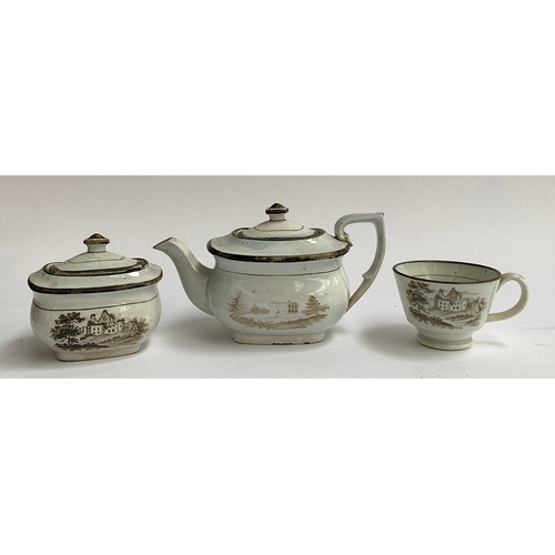 80 - A possibly Newhall miniature three piece tea set comprising teapot, cup and sugar bowl, decorated in... 