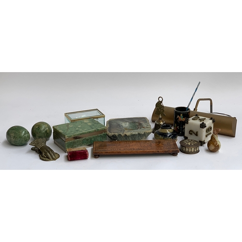 166 - A mixed include desk objects, mineral items, onyx pear; cribbage board; glass trinket box etc