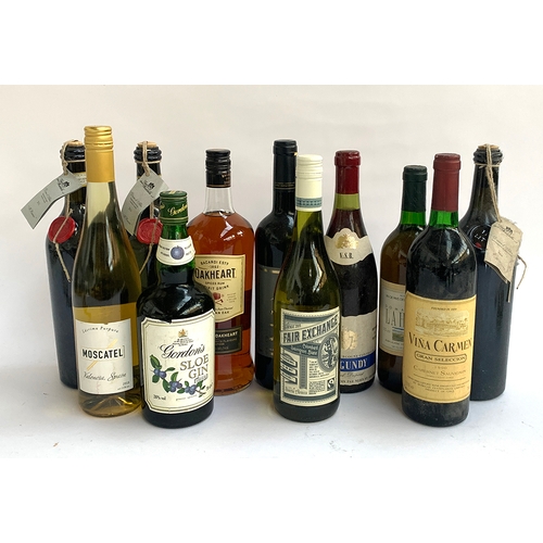 245 - A box of spirits and wine to include Gordon's Sloe gin (70cl), Oakheart Bacardi 1l; Marcel DuPont bu... 