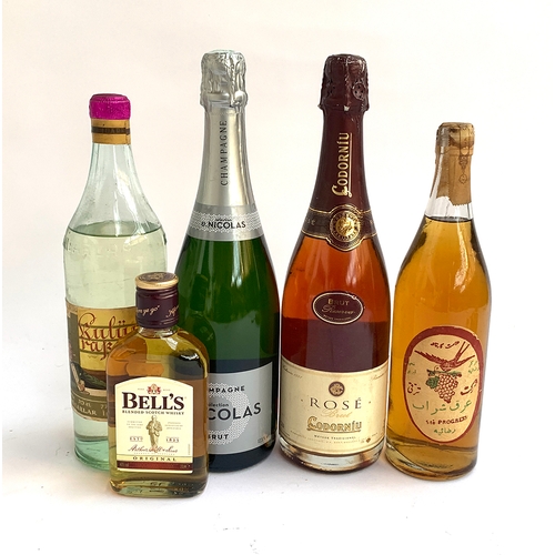 247 - E. Nicolas Champgagne (75cl); Codorniu Rose (75cl); with two bottles of spirits and a Bells Scotch W... 