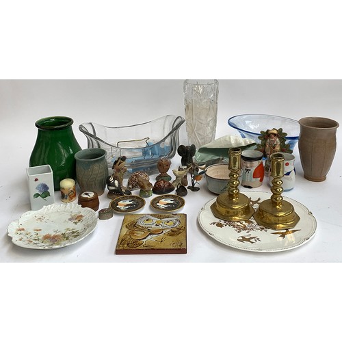 192 - A mixed lot to include brass candlesticks, vase, Royal Worcester Nuthatch figurine and others; shell... 