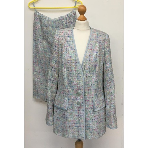 899 - A David Pallat two piece ladies suit with trim; together with a Jaeger S/M silk top; and Jaeger jack... 