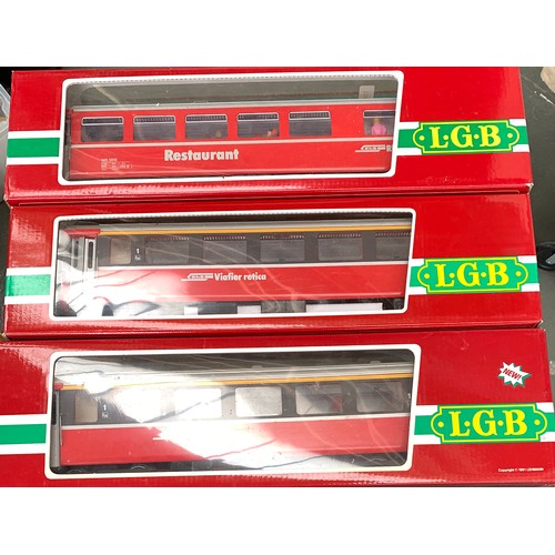 196 - A Lehmann LGB passenger coach 3067, restaurant coach 3068, and baggage car 3069, all boxed