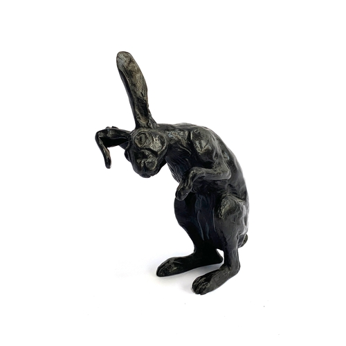 88 - A small Aspinal bronze study of a hare, marked, 11cm high, in Aspinal box