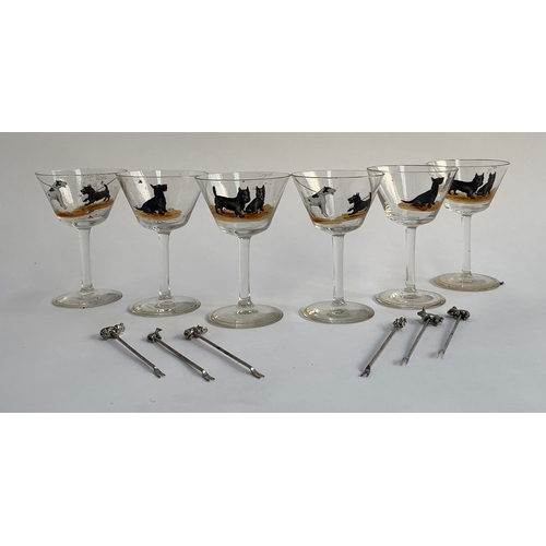 93 - A set of six cocktail glasses, hand painted with highland terriers, one with a jack russell; togethe... 