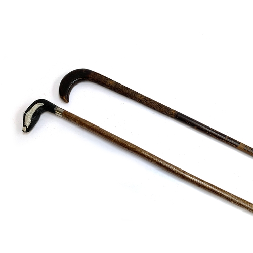 201 - An ash plant walking stick with a badger's mask terminal; together with an unusually carved stick, w... 