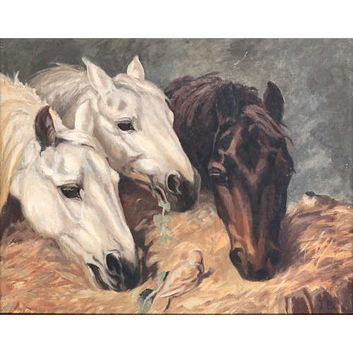 68 - Joan Barrington (20th century British), horses at a manger, oil on canvas, monogrammed JB lower righ... 