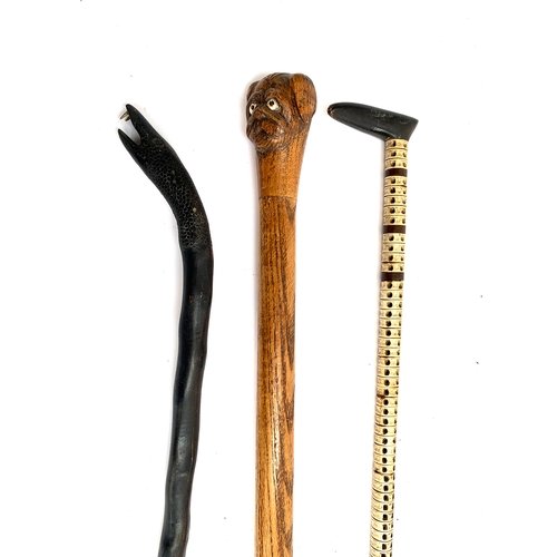 215 - A shark vertebrae walking cane; together with an ebonized cane with serpent's head knop; and one oth... 