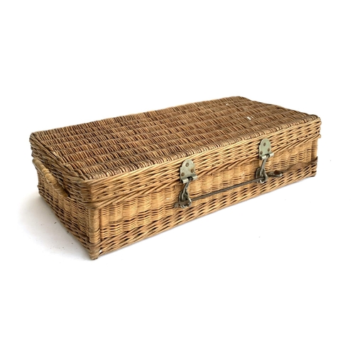 1049 - A vintage wicker picnic hamper, with fitted interior with contents, including four ceramic lined tin... 