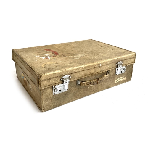 1053 - A hide suitcase with silk fitted interior, 50x36x16cmH