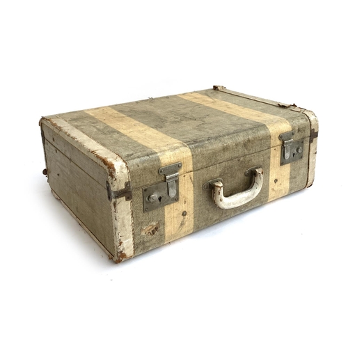 1061 - A vintage canvas and leather suitcase with double stripe, 54x41x20cm