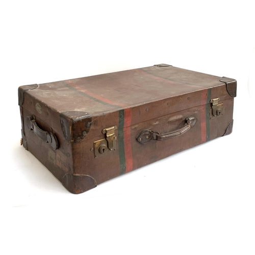 1062 - A vintage canvas suitcase, Featherweight trademark, leather corner bracings, 77x46x24cm; together wi... 