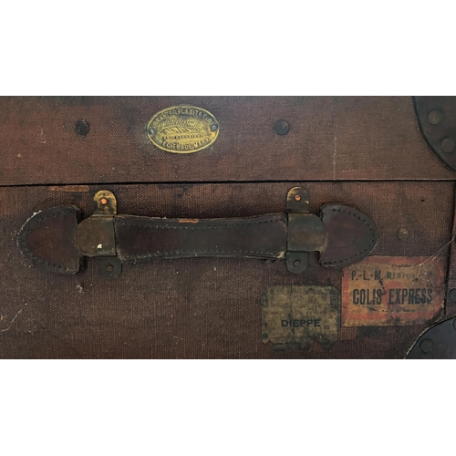 1062 - A vintage canvas suitcase, Featherweight trademark, leather corner bracings, 77x46x24cm; together wi... 