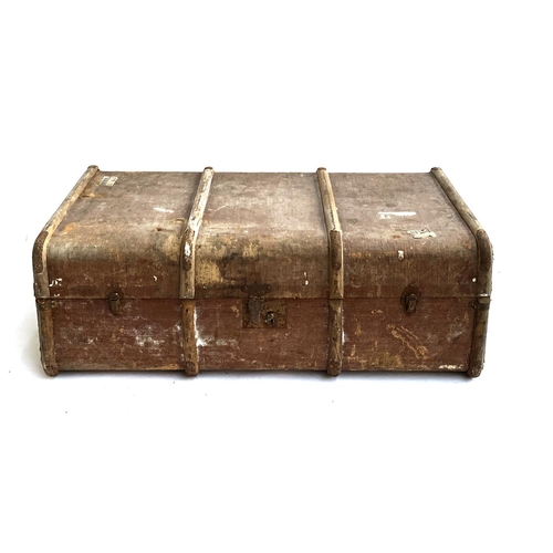 1069 - A canvas and wood banded travel trunk, marked D.W Vicary, with side carry handles, 90cmW