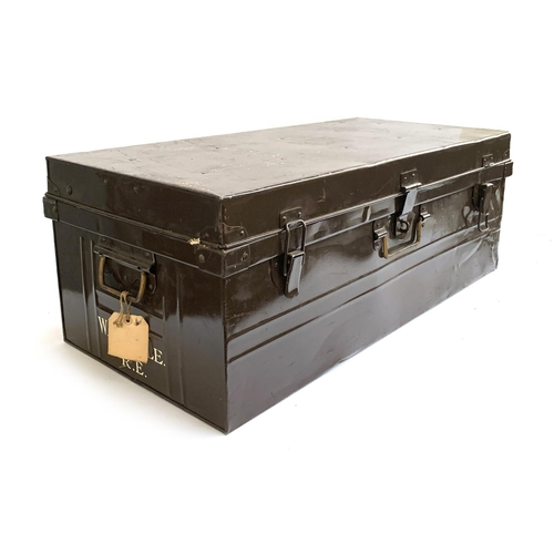 1074 - A brown painted metal travel trunk, each end marked W.H Earle, 91x45x34cm