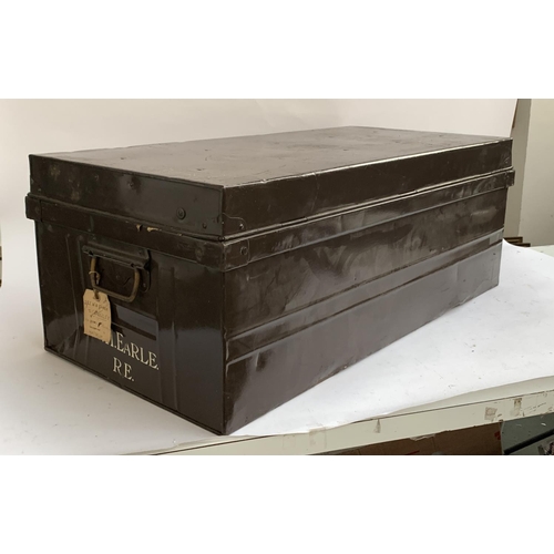 1074 - A brown painted metal travel trunk, each end marked W.H Earle, 91x45x34cm